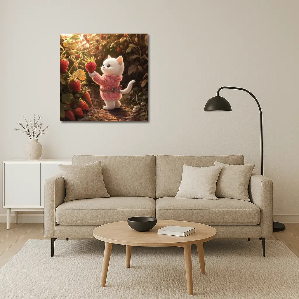 White Kitten Picking Strawberries Garden Art – Wall Art