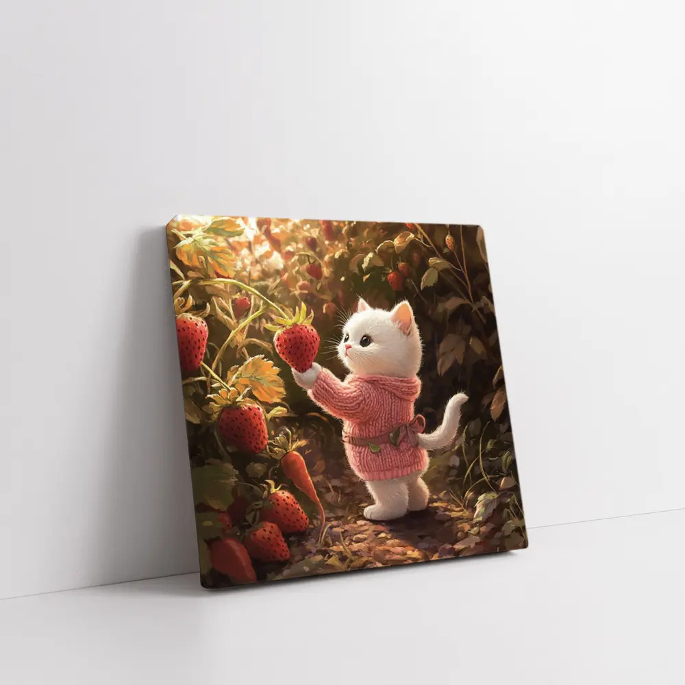 White Kitten Picking Strawberries Garden Art – Wall Art