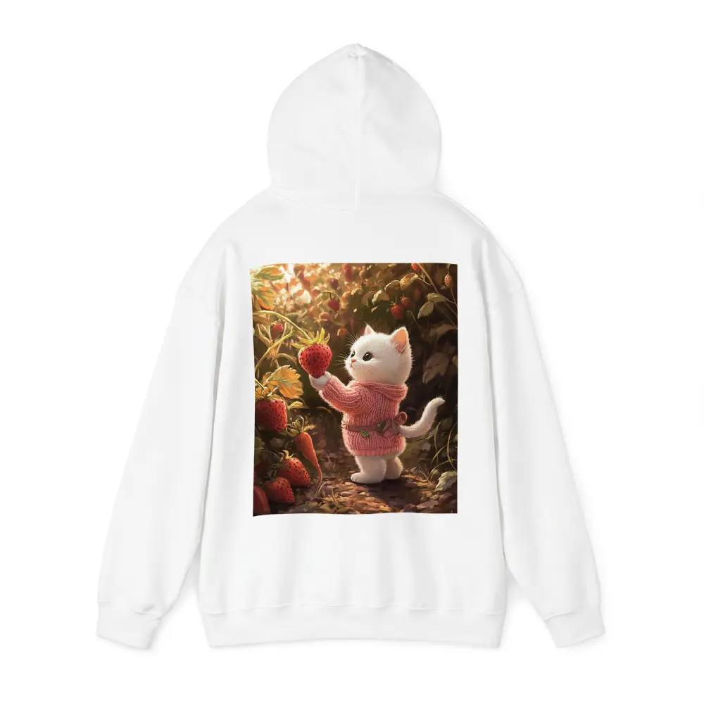 White Kitten Picking Strawberries Garden Art – Hoodies