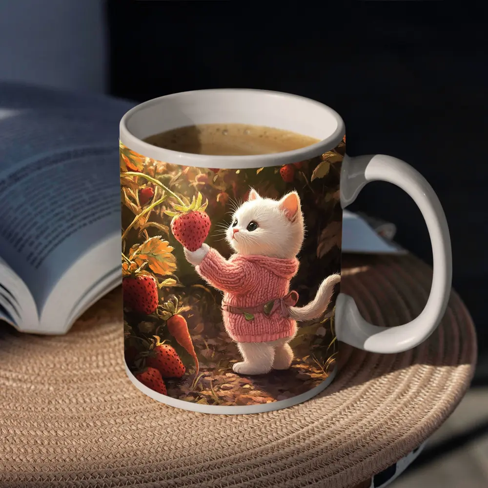 White Kitten Picking Strawberries Garden Art – Mugs
