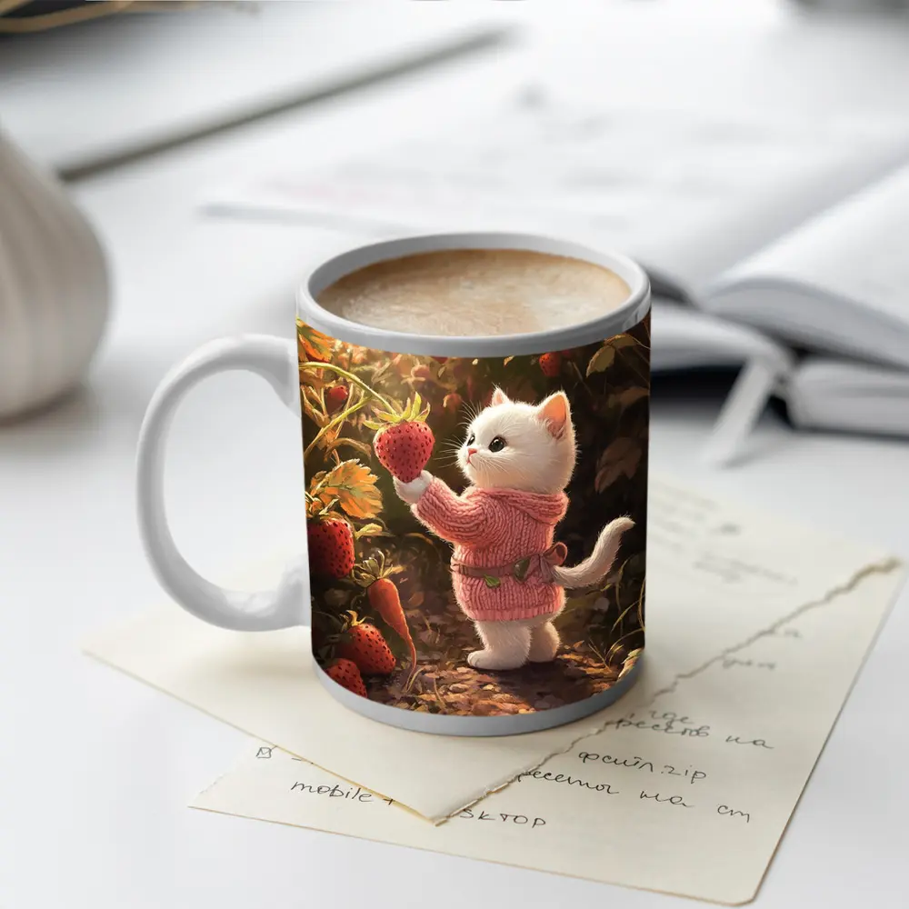 White Kitten Picking Strawberries Garden Art – Mugs
