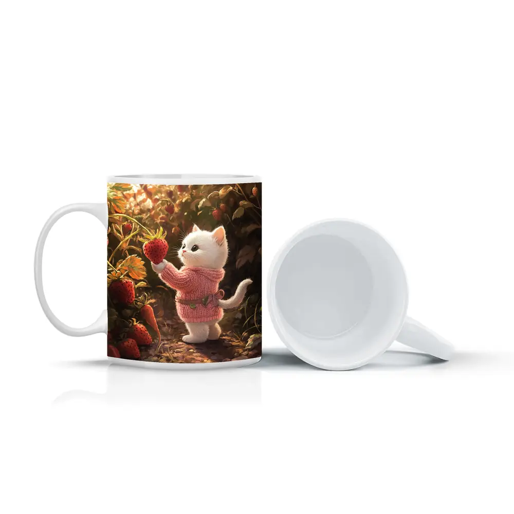 White Kitten Picking Strawberries Garden Art – Mugs
