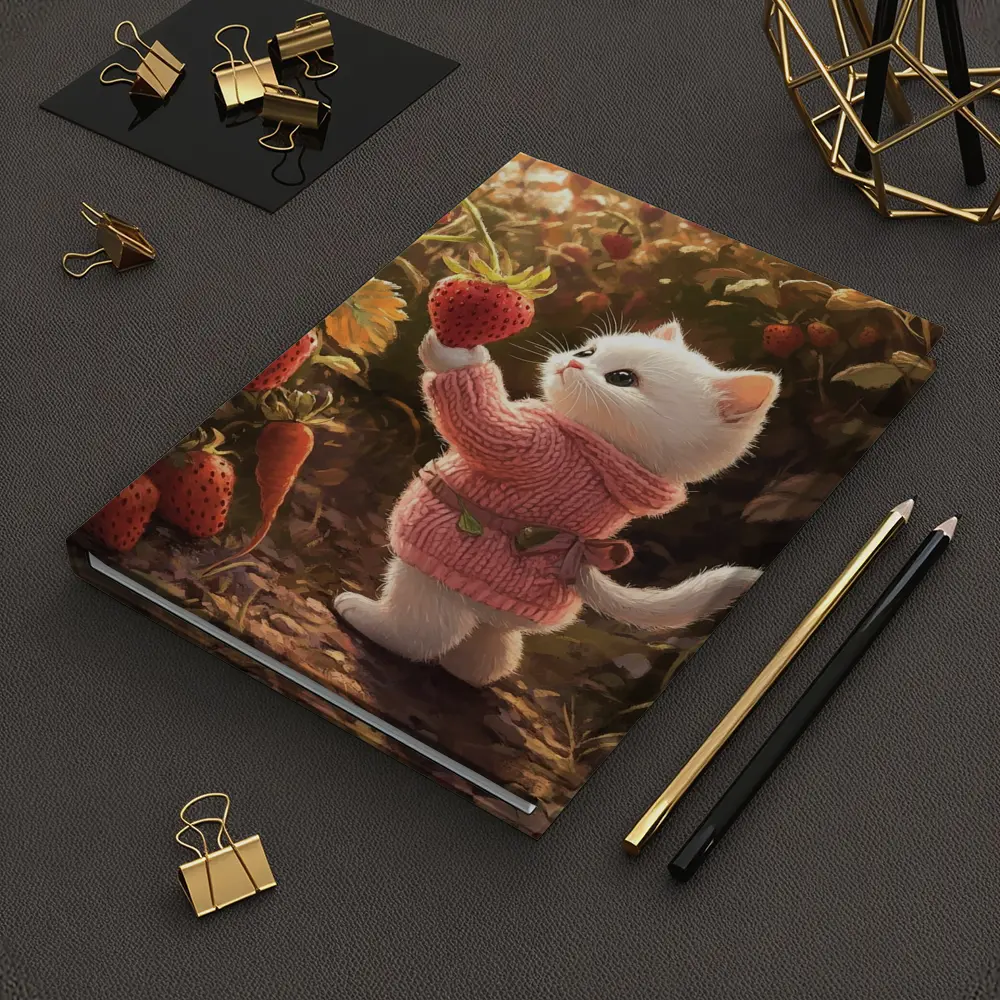White Kitten Picking Strawberries Garden Art – Notebooks