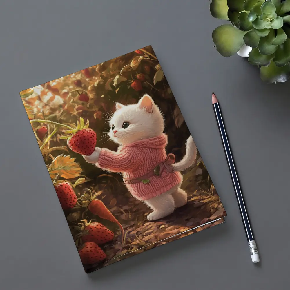 White Kitten Picking Strawberries Garden Art – Notebooks