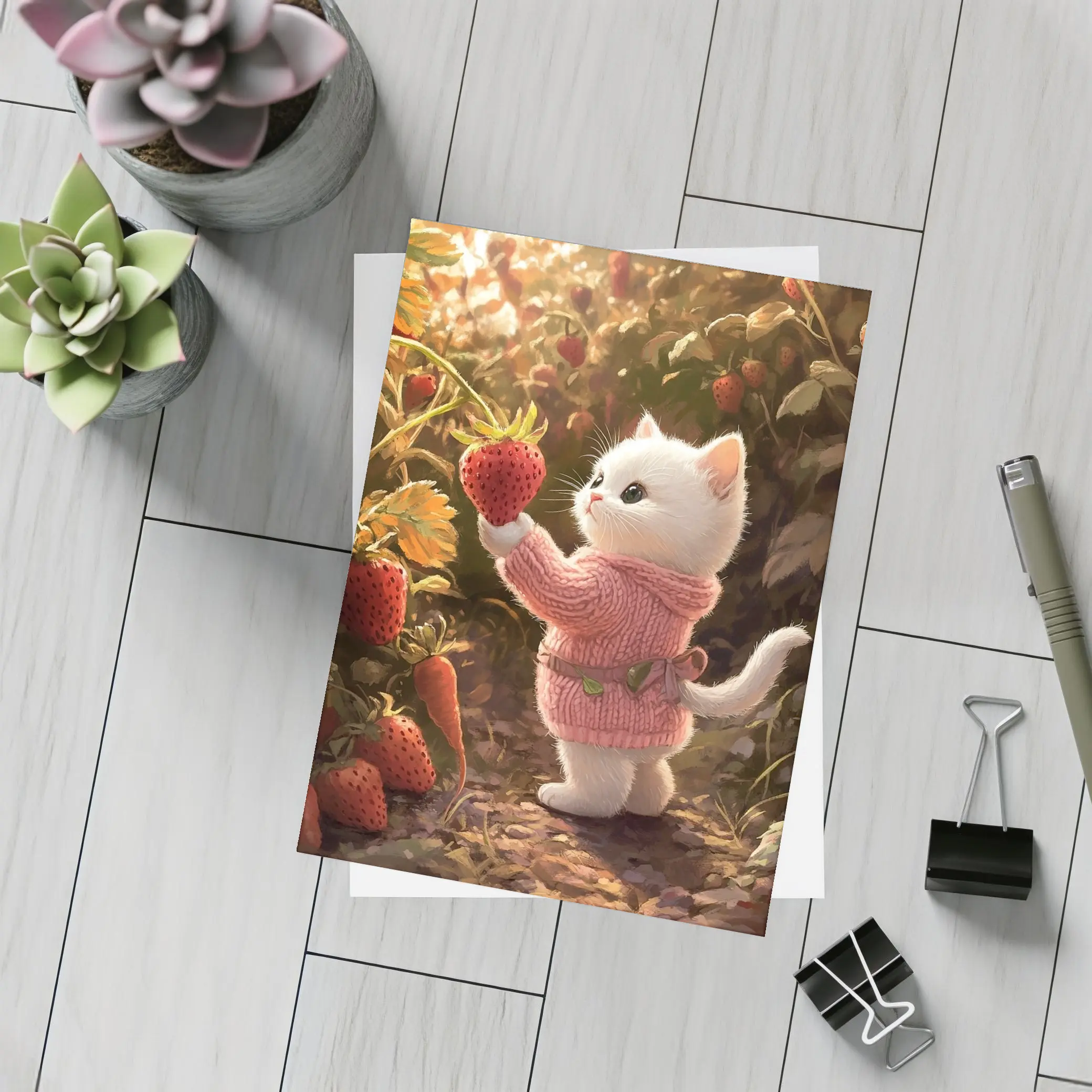 White Kitten Picking Strawberries Garden Art – Postcards