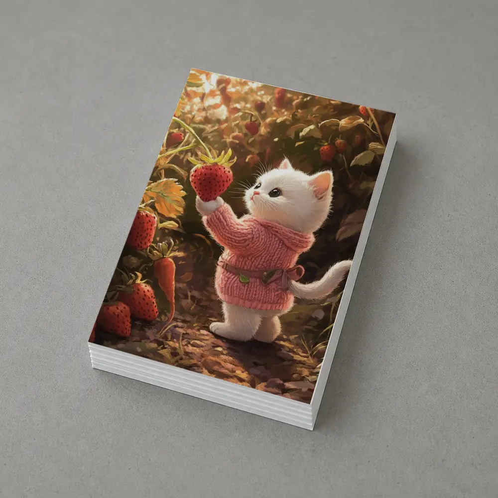 White Kitten Picking Strawberries Garden Art – Postcards