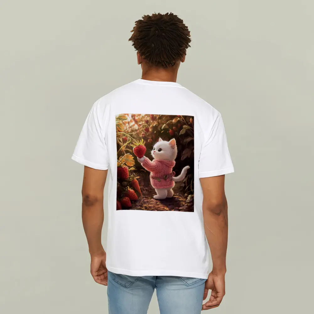 White Kitten Picking Strawberries Garden Art – T-Shirts