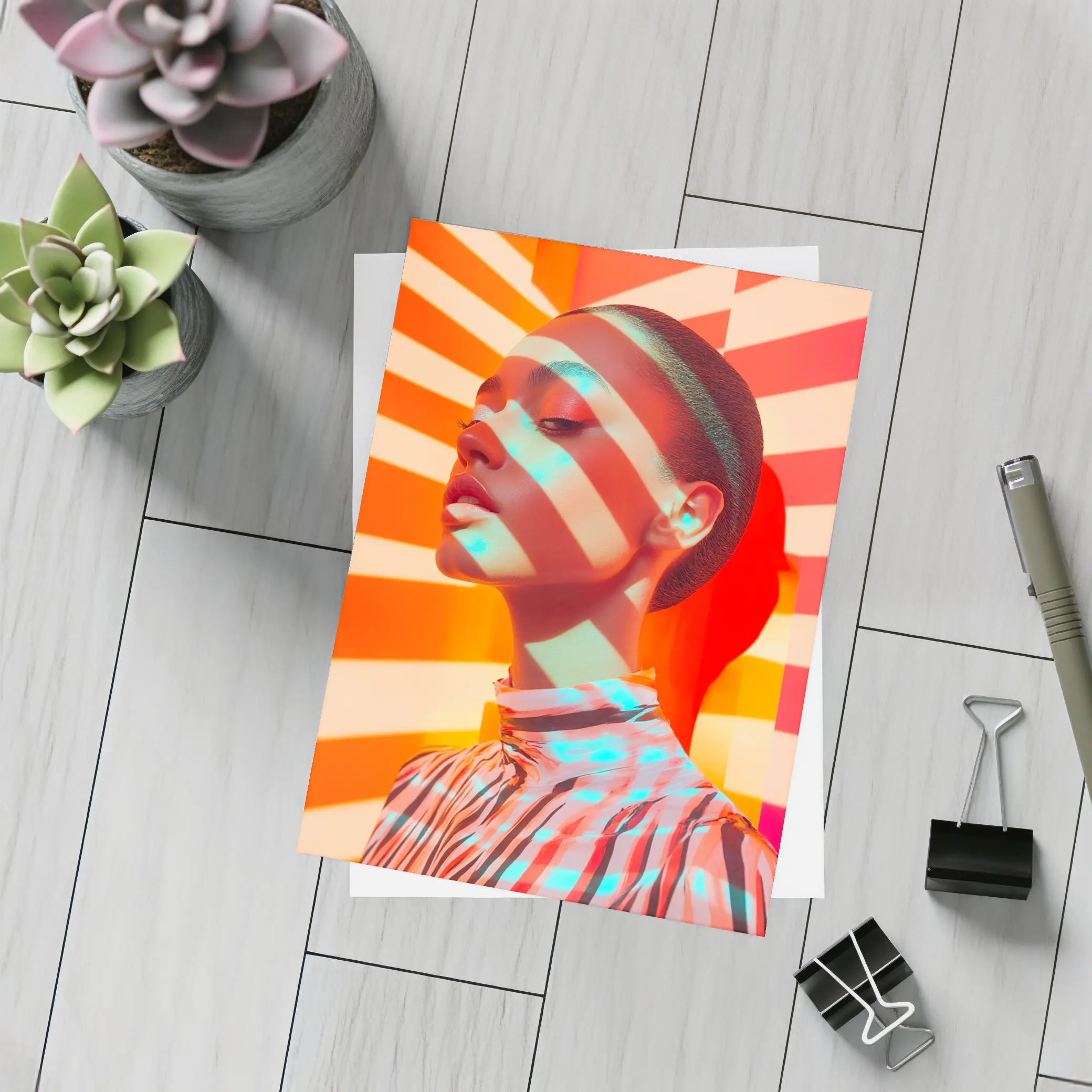 Fashion Woman Bold Striped Pop Art Background – Postcards