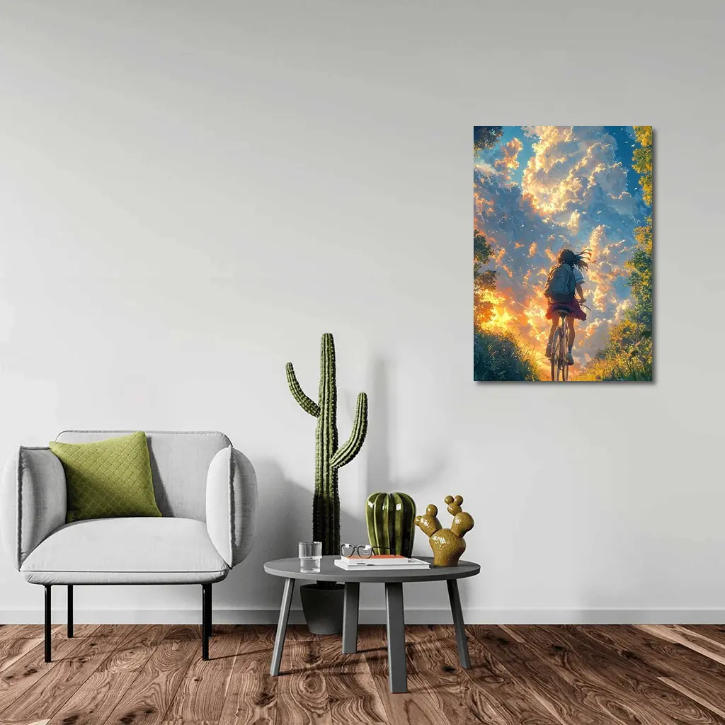 Anime Girl Cycling Through Glowing Summer Sky – Wall Art
