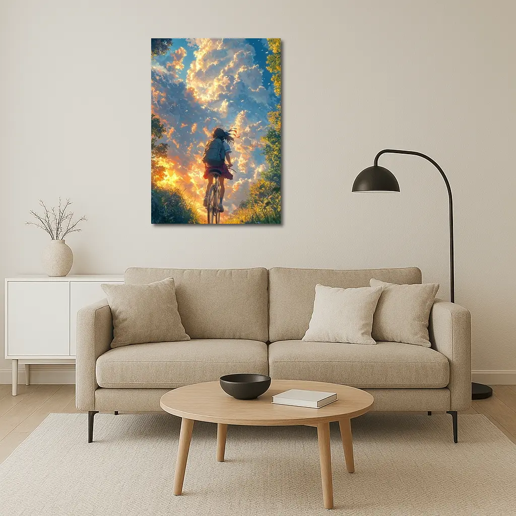 Anime Girl Cycling Through Glowing Summer Sky – Wall Art