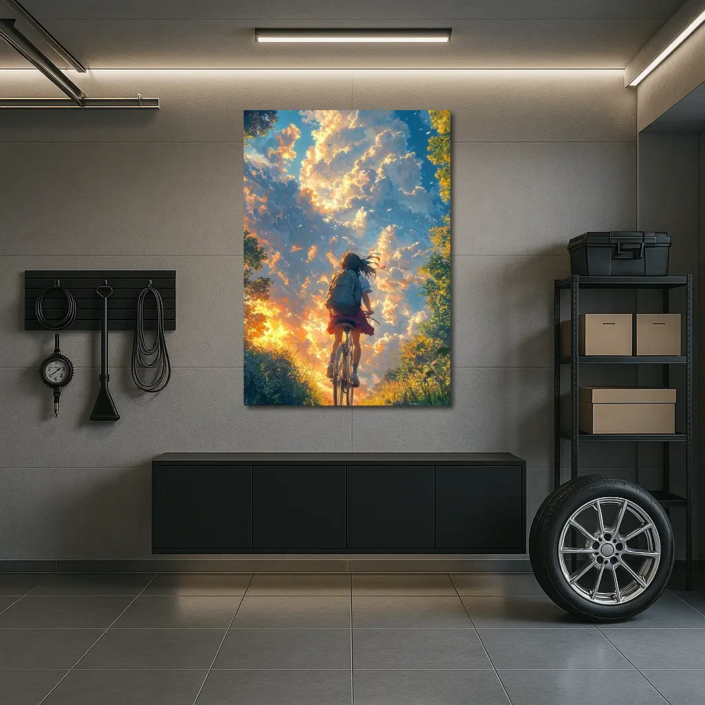 Anime Girl Cycling Through Glowing Summer Sky – Wall Art