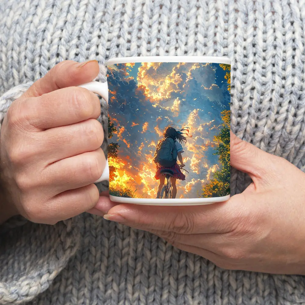 Anime Girl Cycling Through Glowing Summer Sky – Mugs