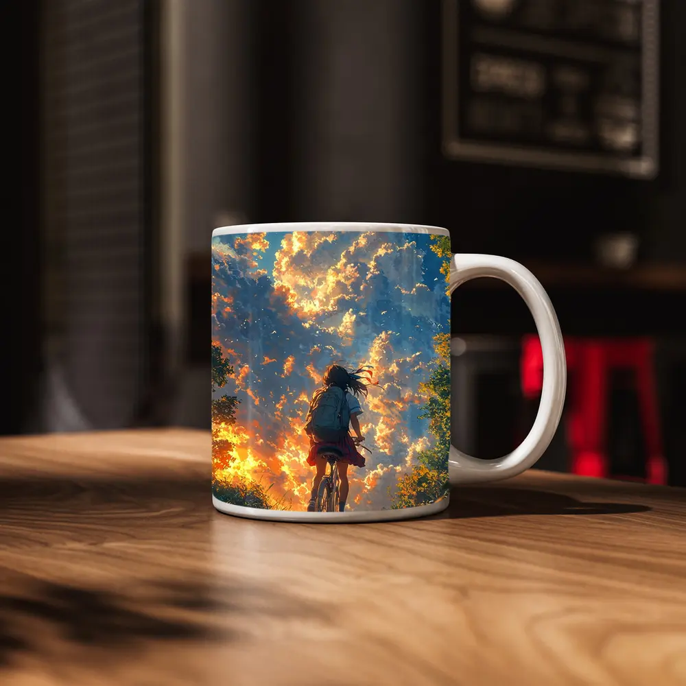 Anime Girl Cycling Through Glowing Summer Sky – Mugs