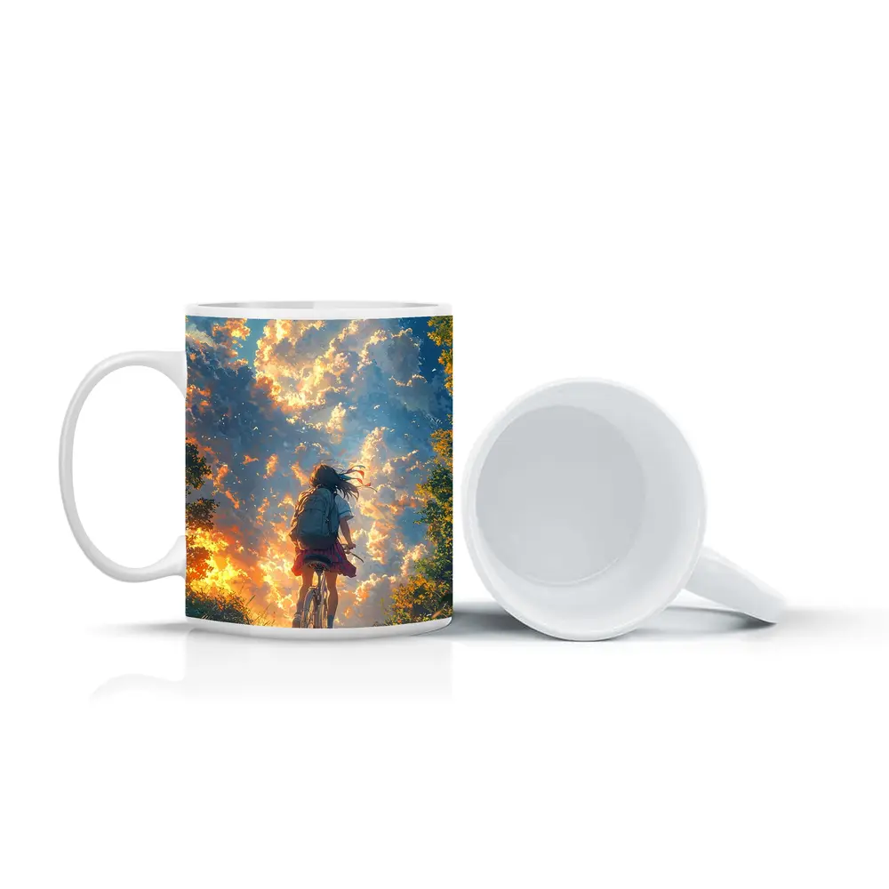 Anime Girl Cycling Through Glowing Summer Sky – Mugs