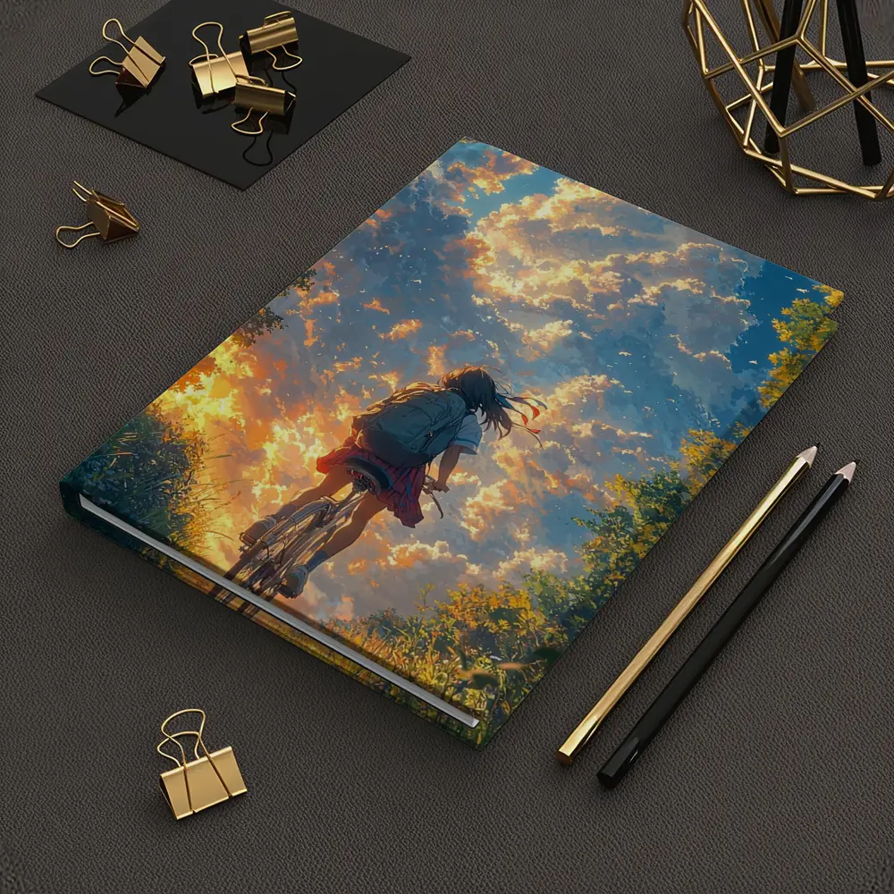 Anime Girl Cycling Through Glowing Summer Sky – Notebooks