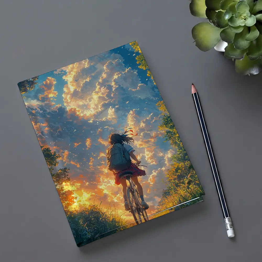 Anime Girl Cycling Through Glowing Summer Sky – Notebooks