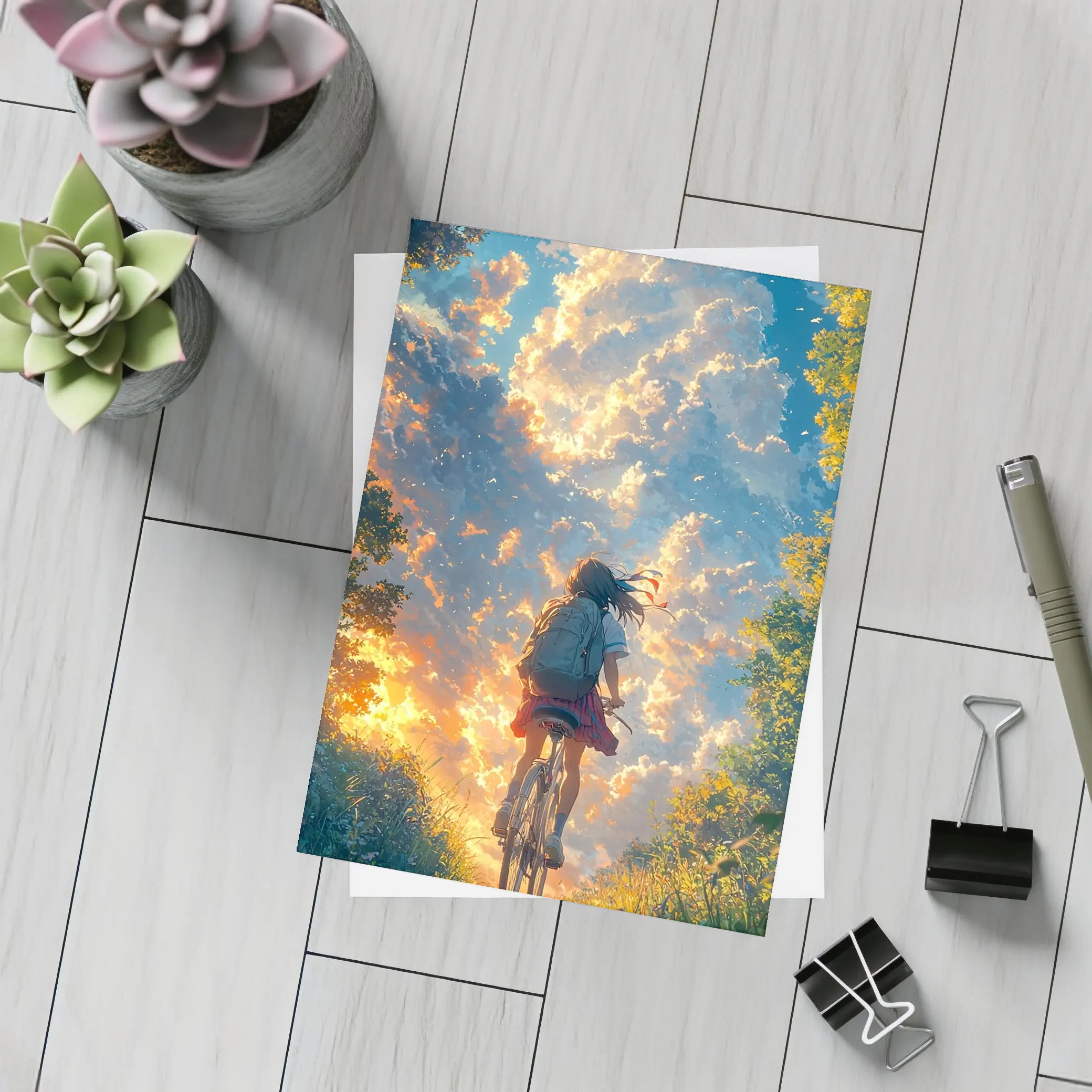 Anime Girl Cycling Through Glowing Summer Sky – Postcards