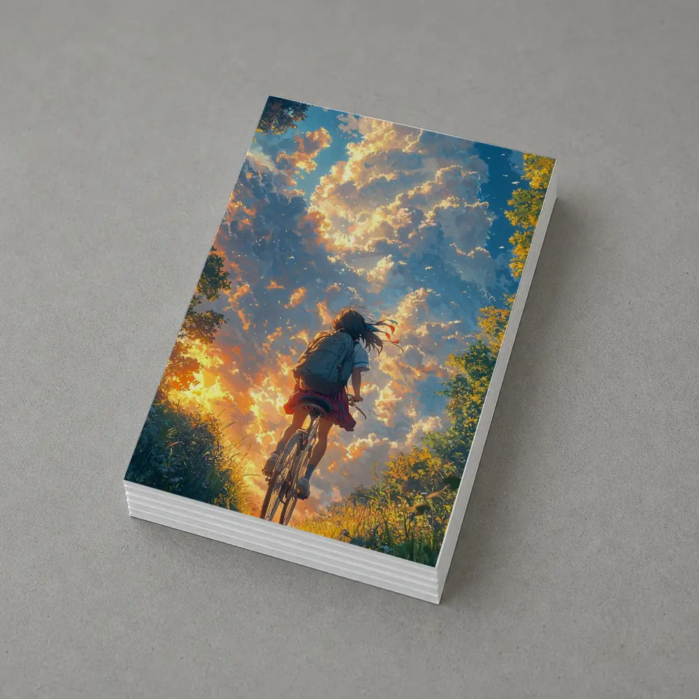Anime Girl Cycling Through Glowing Summer Sky – Postcards