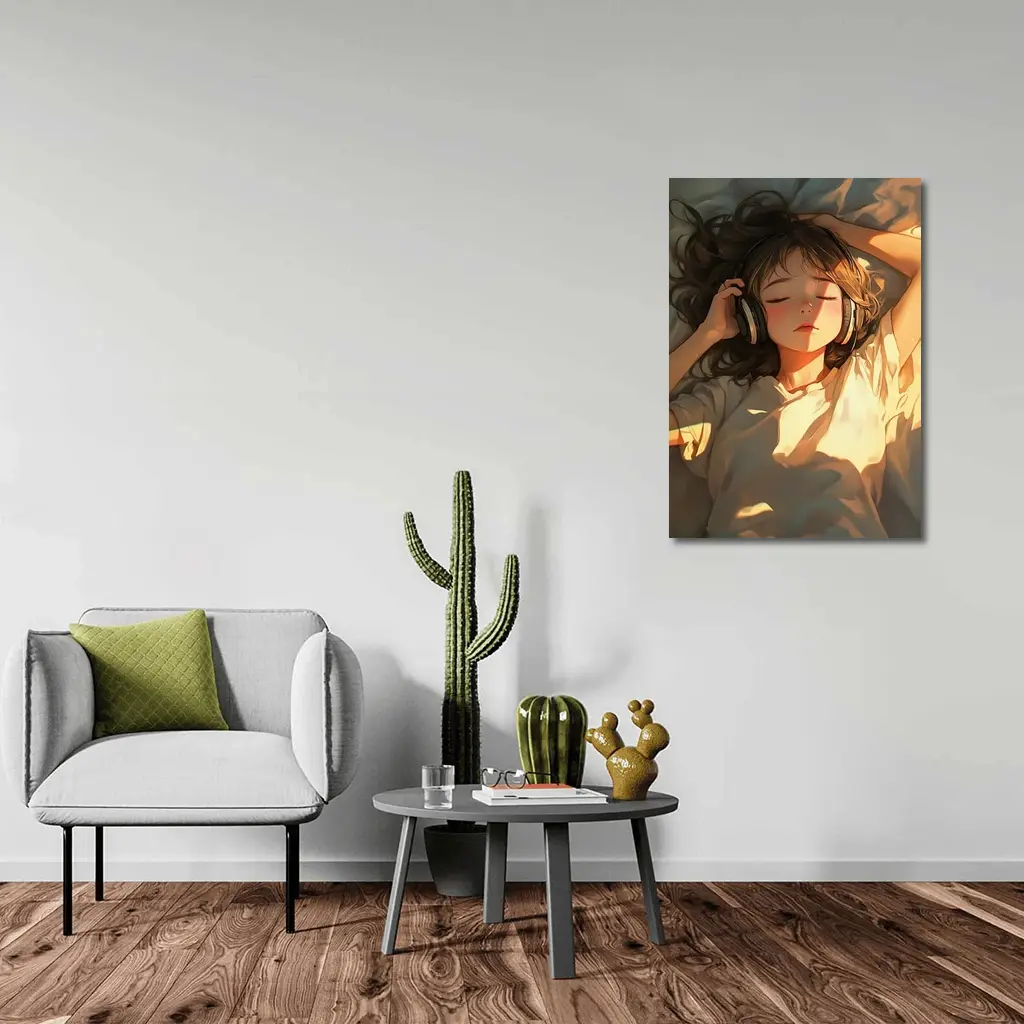 Anime Girl Listening Music Warm Sunlight – Wall Art