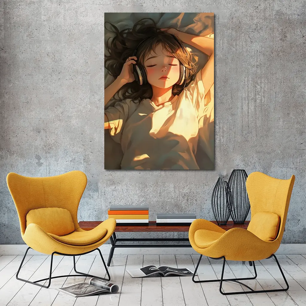 Anime Girl Listening Music Warm Sunlight – Wall Art