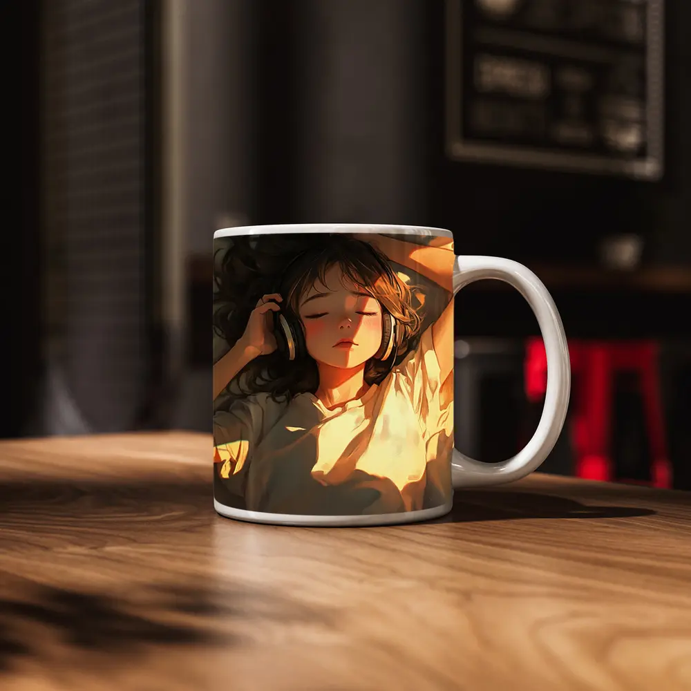 Anime Girl Listening Music Warm Sunlight – Mugs