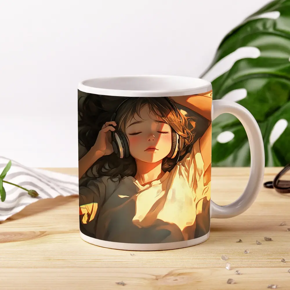 Anime Girl Listening Music Warm Sunlight – Mugs