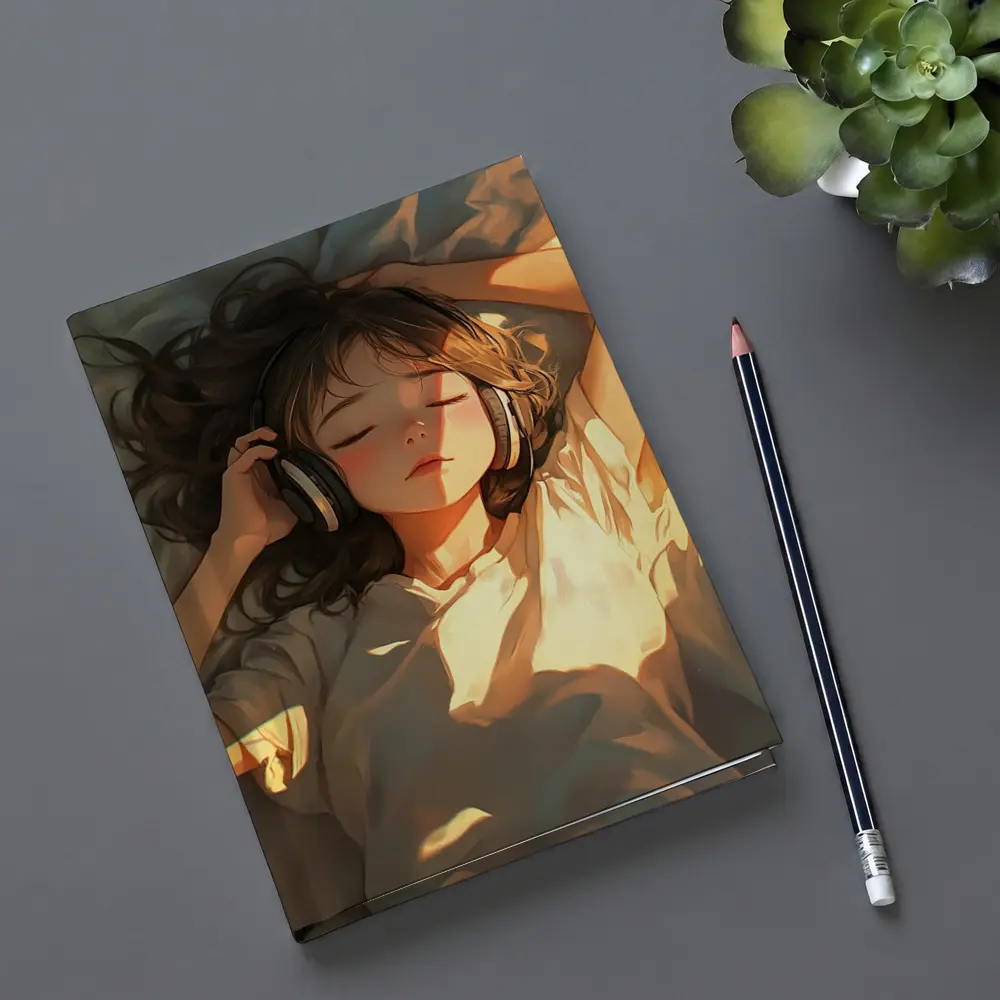 Anime Girl Listening Music Warm Sunlight – Notebooks