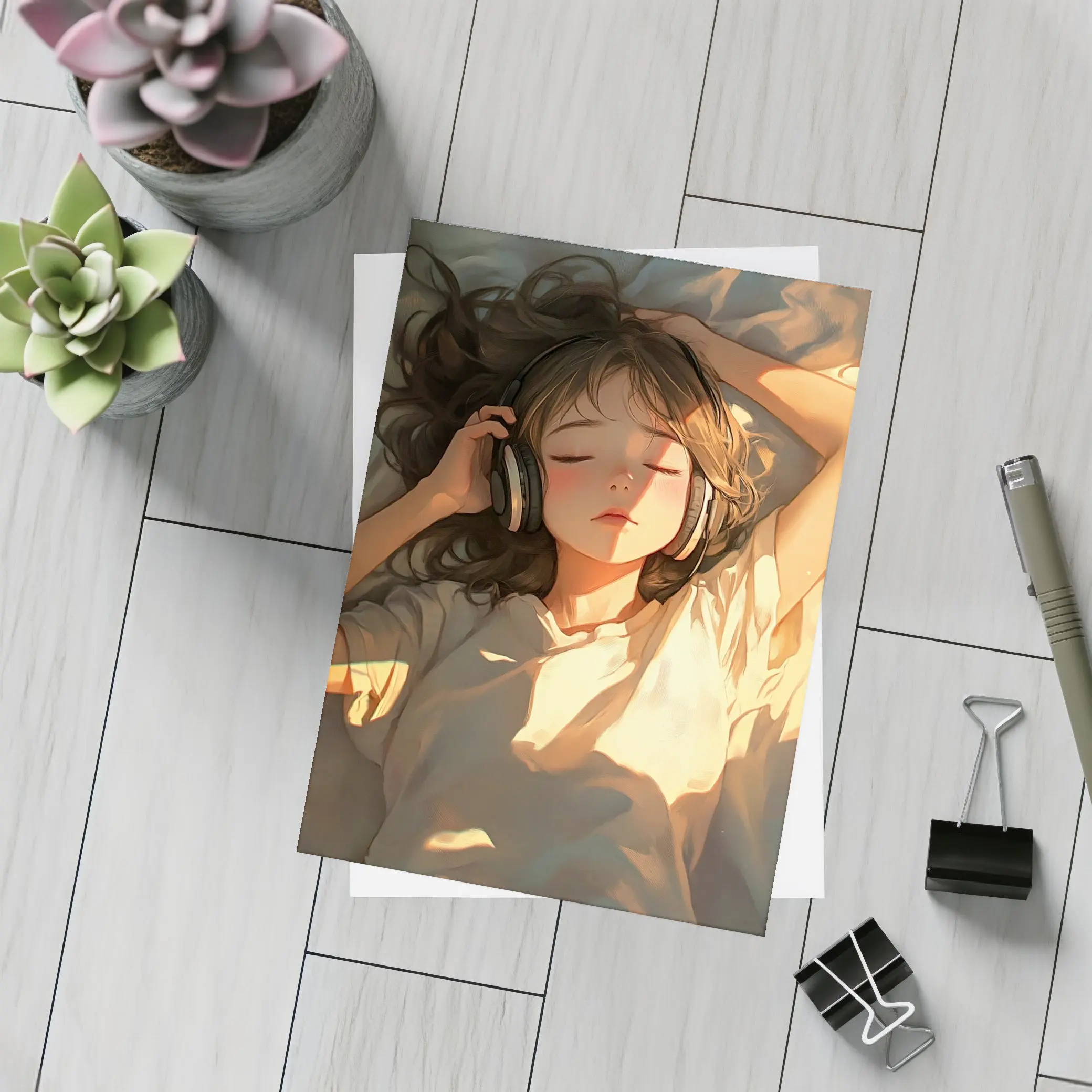 Anime Girl Listening Music Warm Sunlight – Postcards