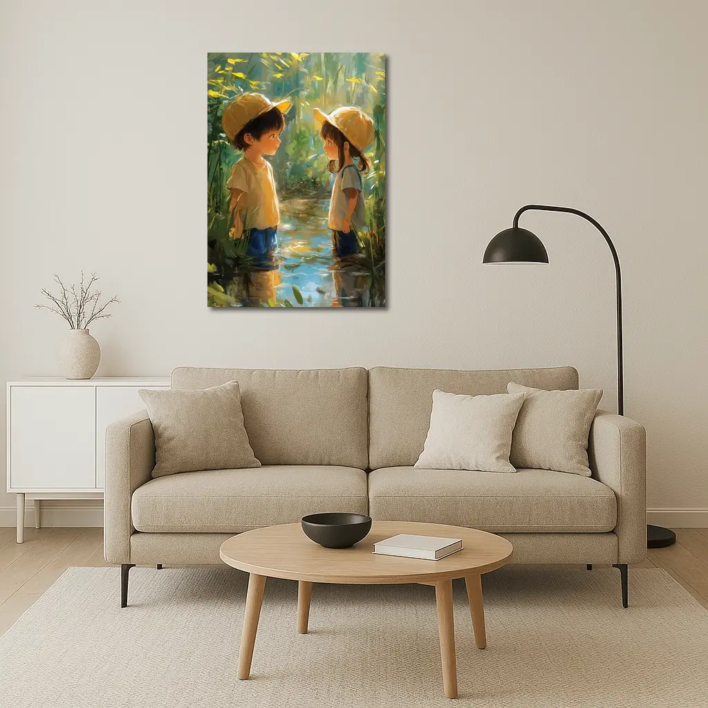 Two Kids Playing in Forest Stream – Wall Art