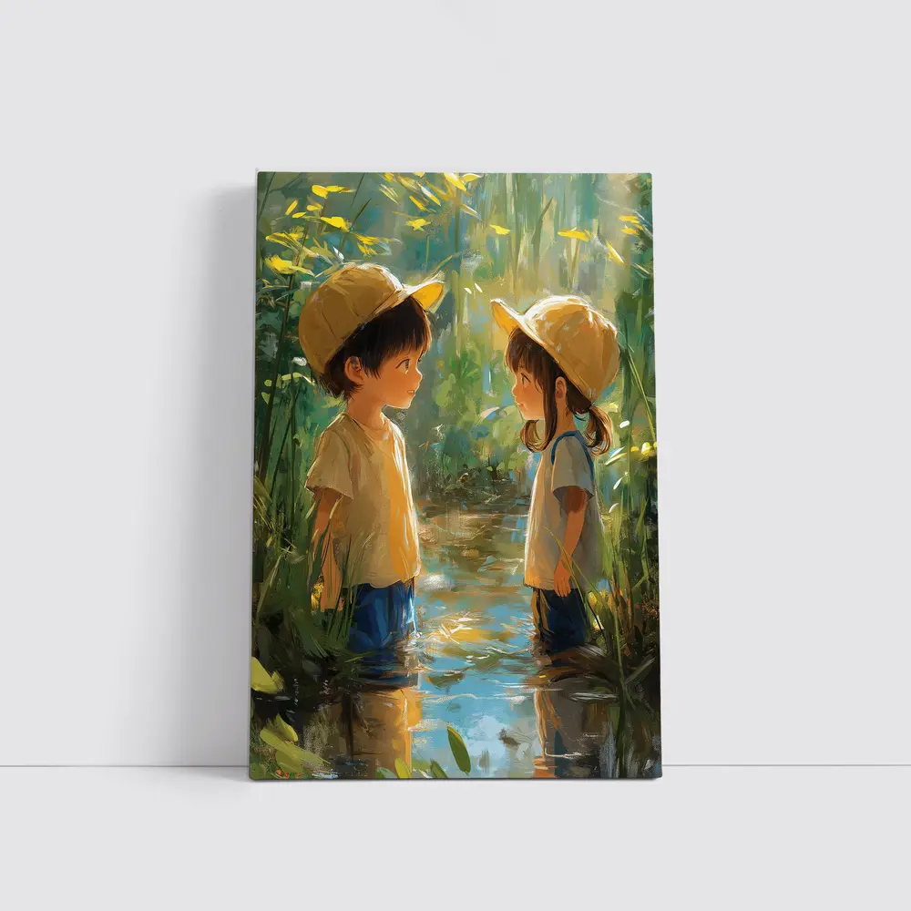 Two Kids Playing in Forest Stream – Wall Art