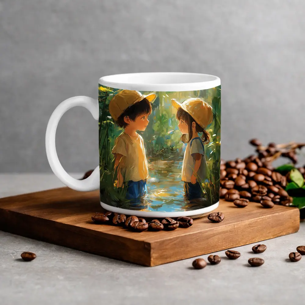 Two Kids Playing in Forest Stream – Mugs