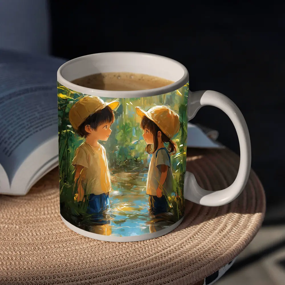 Two Kids Playing in Forest Stream – Mugs