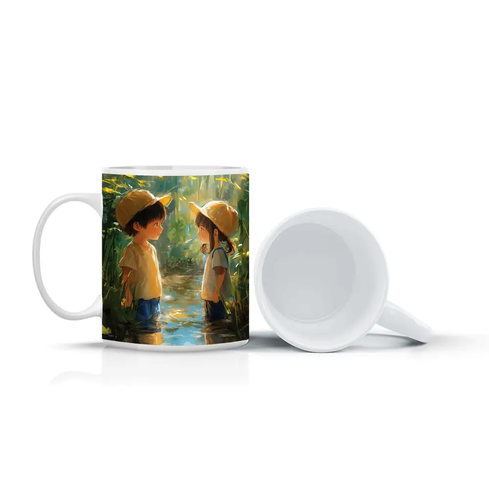 Two Kids Playing in Forest Stream – Mugs