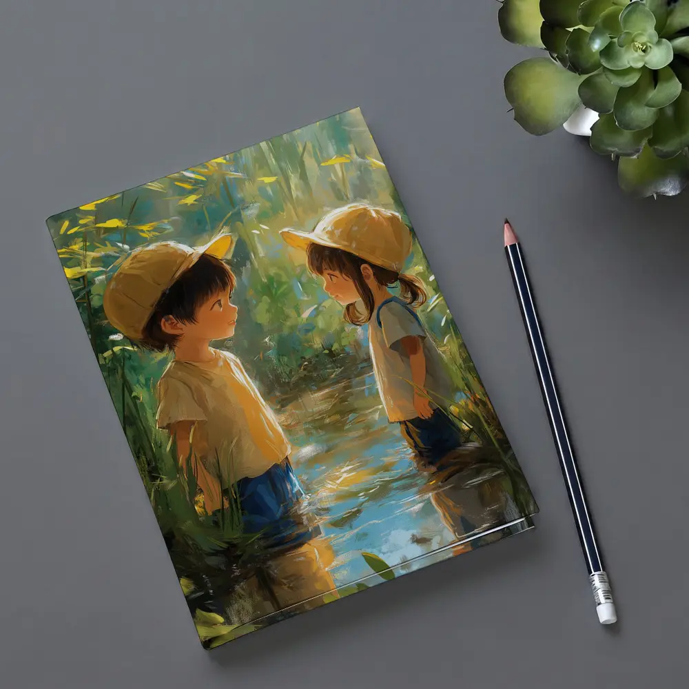 Two Kids Playing in Forest Stream – Notebooks