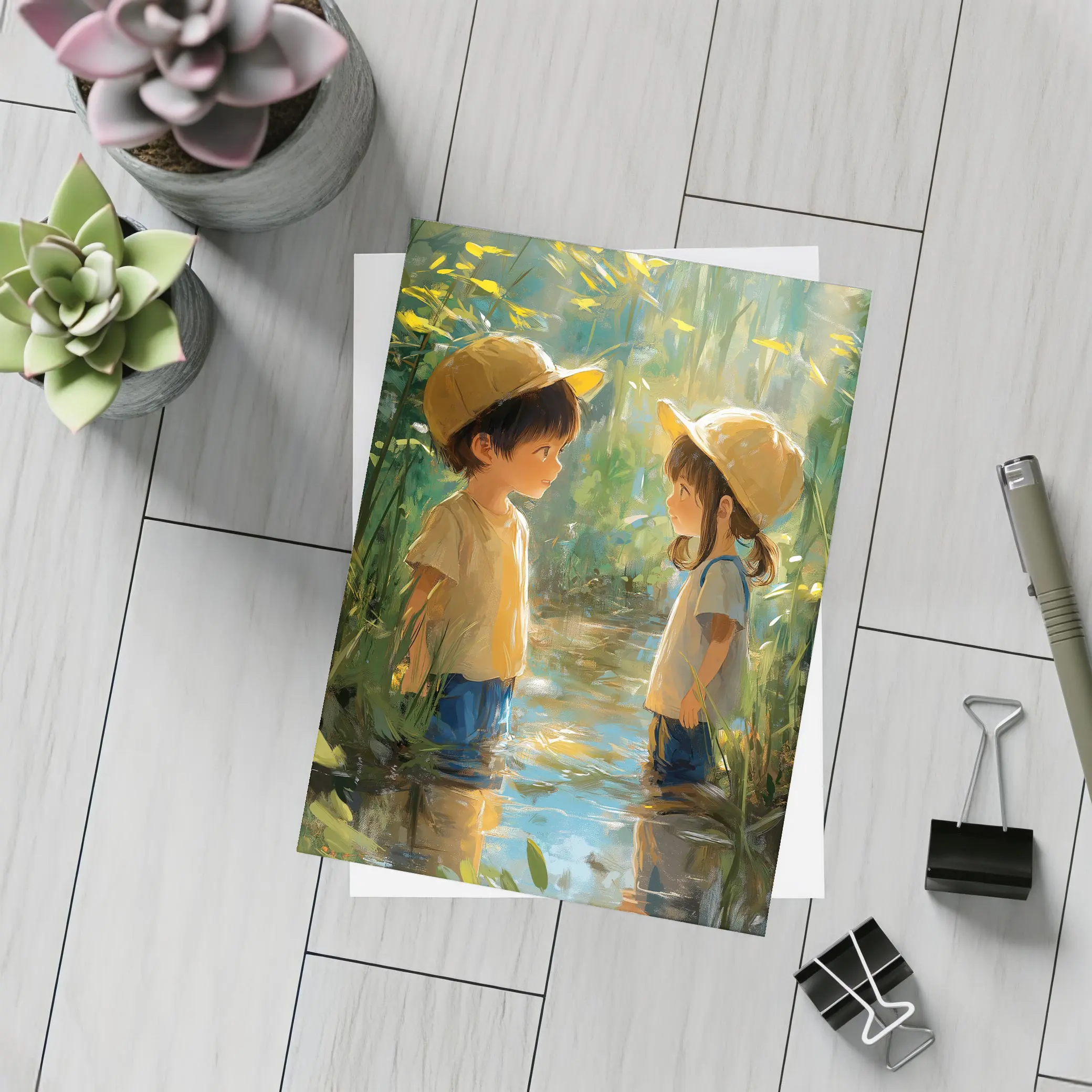 Two Kids Playing in Forest Stream – Postcards
