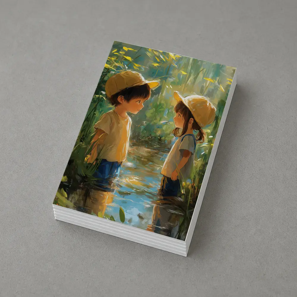 Two Kids Playing in Forest Stream – Postcards