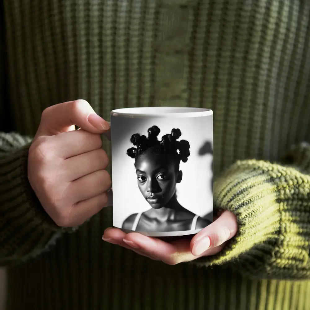 Black and White Portrait Young Woman Natural Hair – Mugs