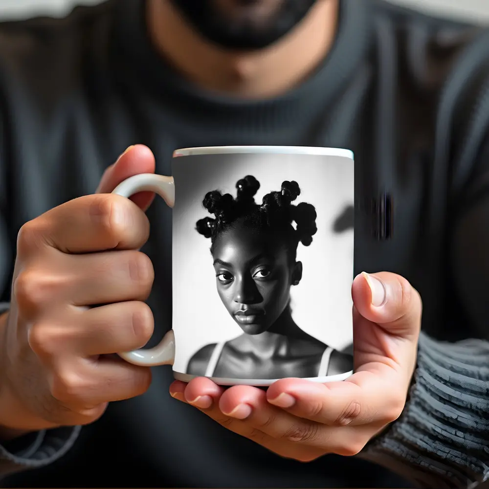 Black and White Portrait Young Woman Natural Hair – Mugs