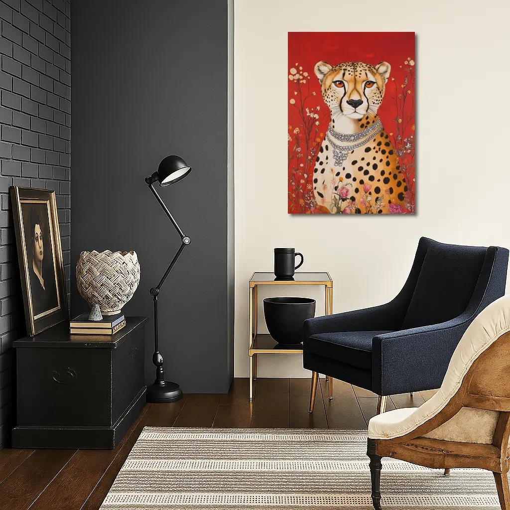 Cheetah With Diamond Necklace Red Floral Background – Wall Art