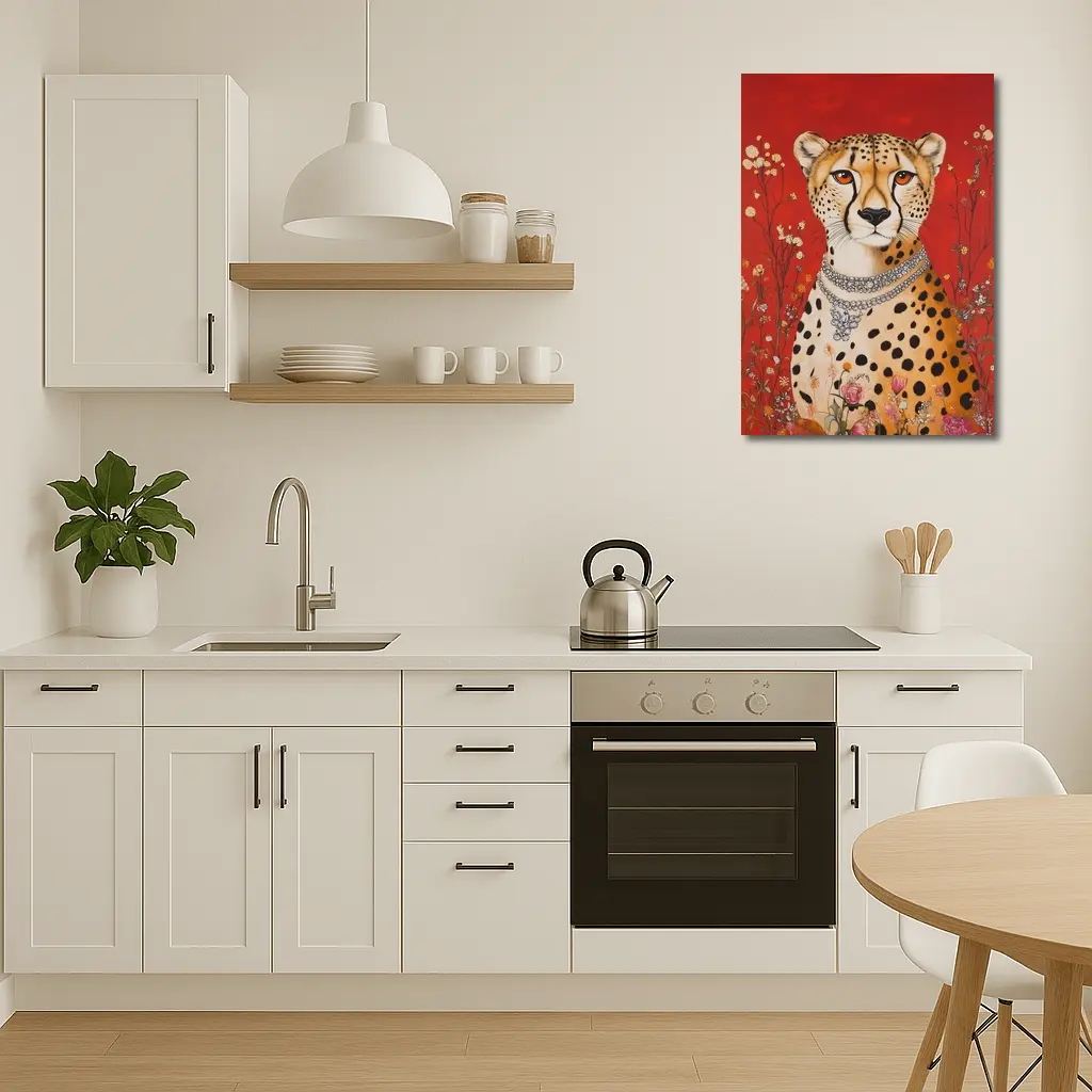 Cheetah With Diamond Necklace Red Floral Background – Wall Art
