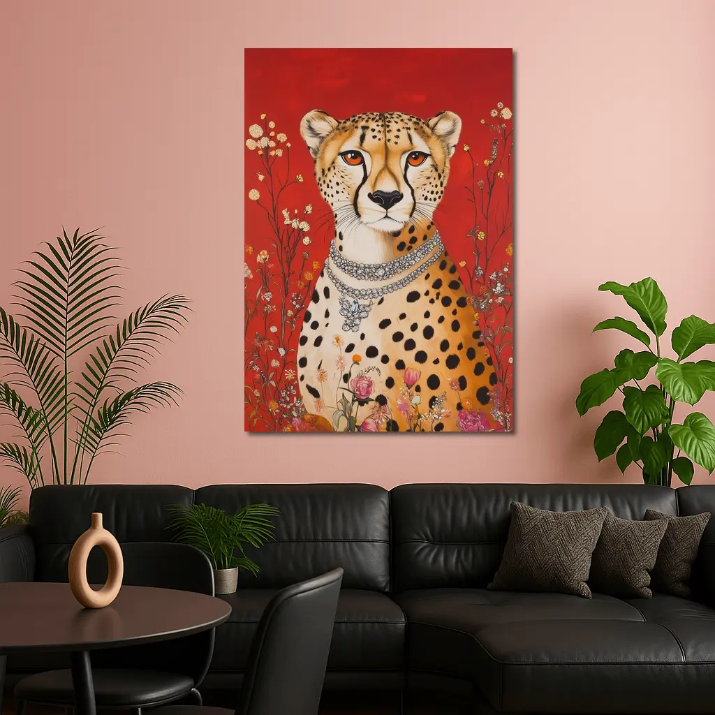 Cheetah With Diamond Necklace Red Floral Background – Wall Art