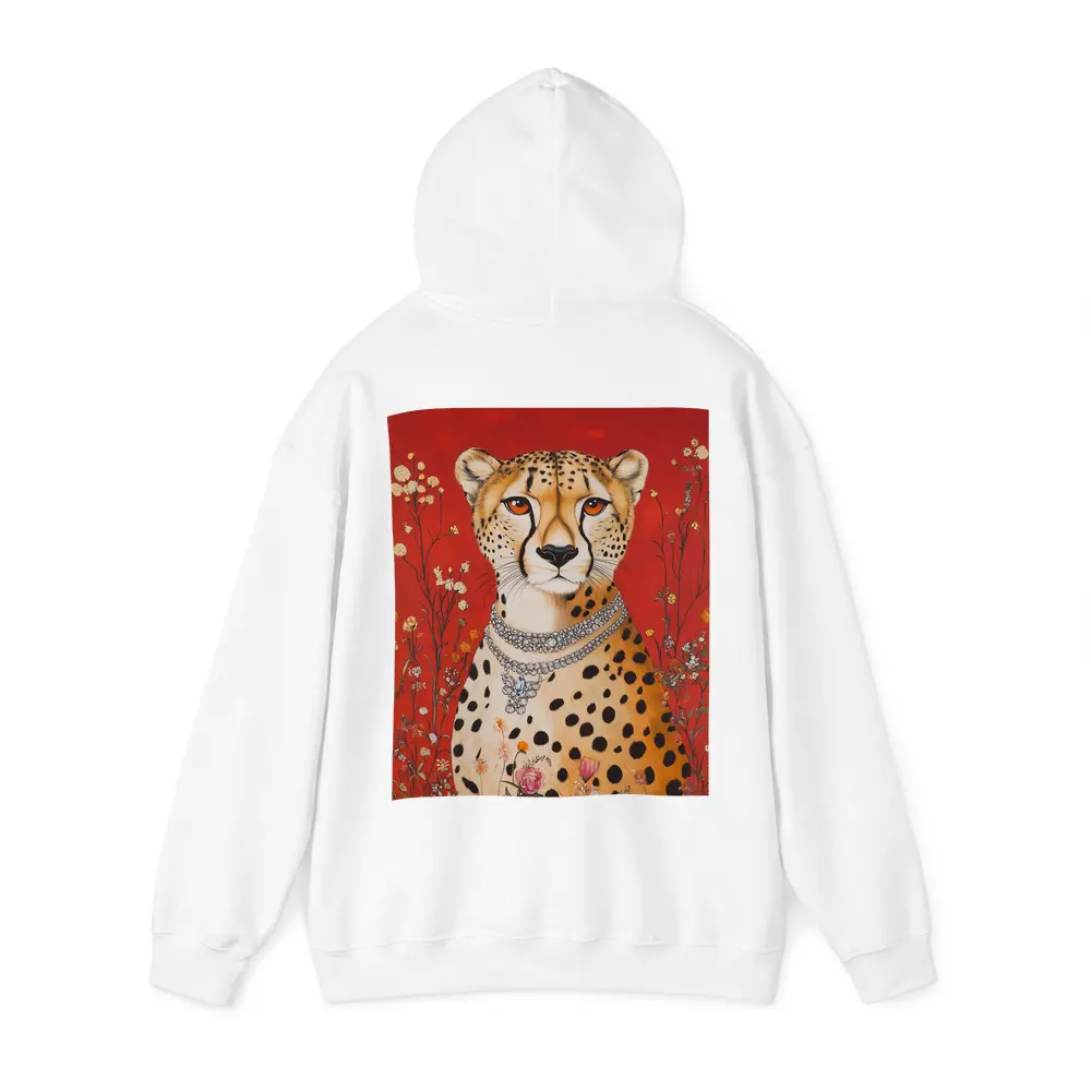 Cheetah With Diamond Necklace Red Floral Background – Hoodies
