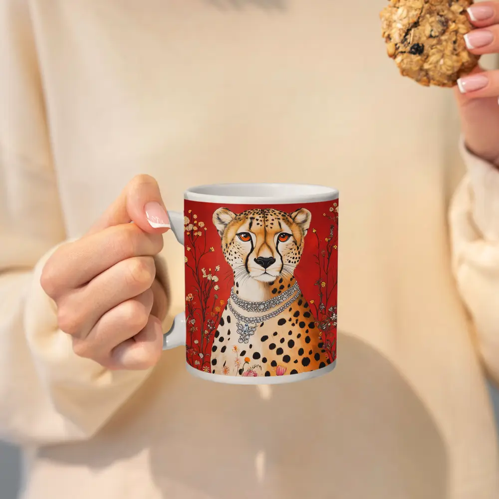 Cheetah With Diamond Necklace Red Floral Background – Mugs