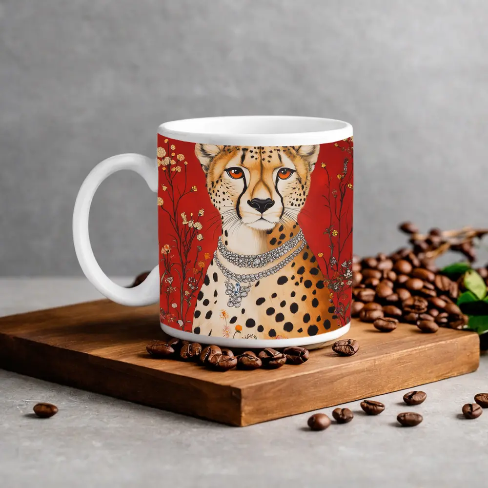 Cheetah With Diamond Necklace Red Floral Background – Mugs