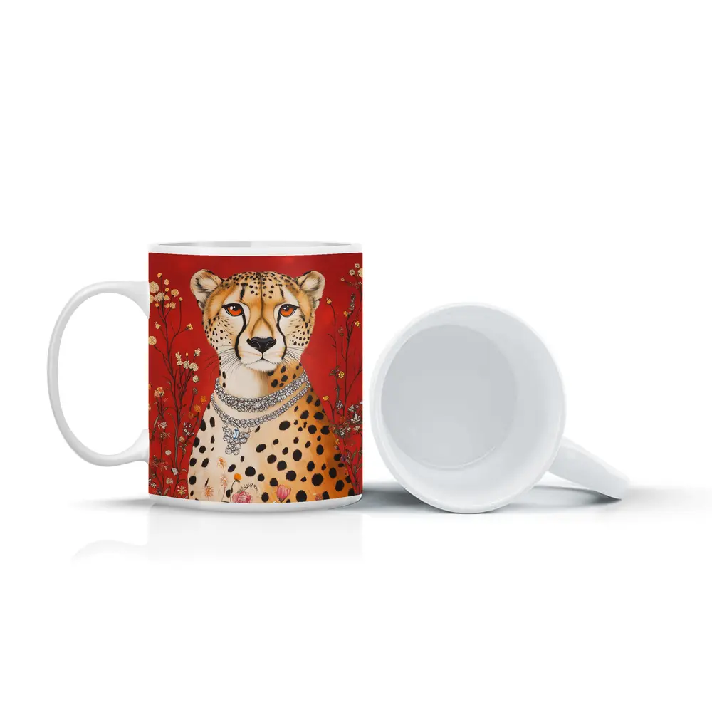 Cheetah With Diamond Necklace Red Floral Background – Mugs