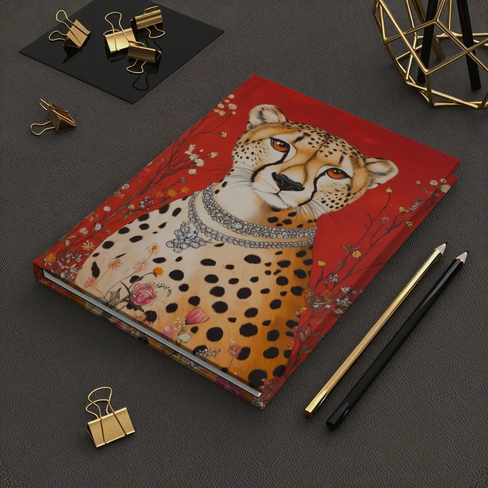 Cheetah With Diamond Necklace Red Floral Background – Notebooks