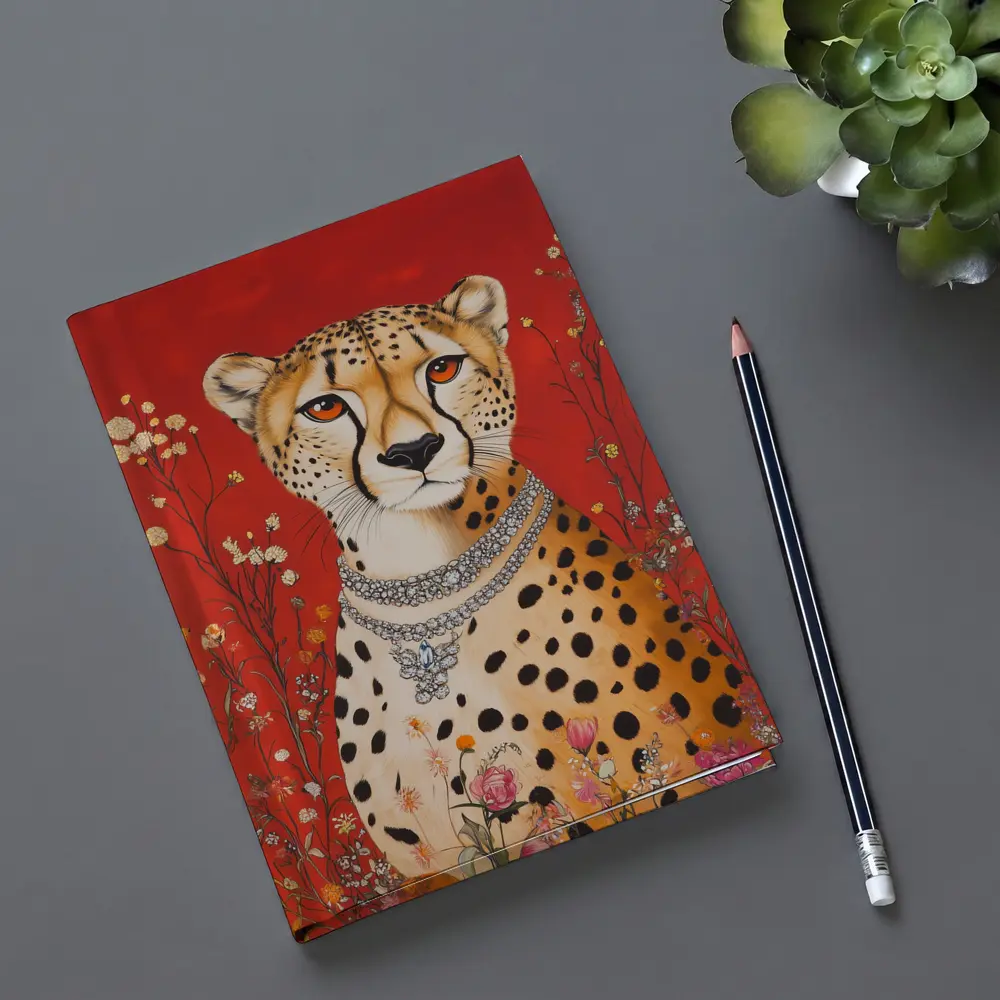 Cheetah With Diamond Necklace Red Floral Background – Notebooks