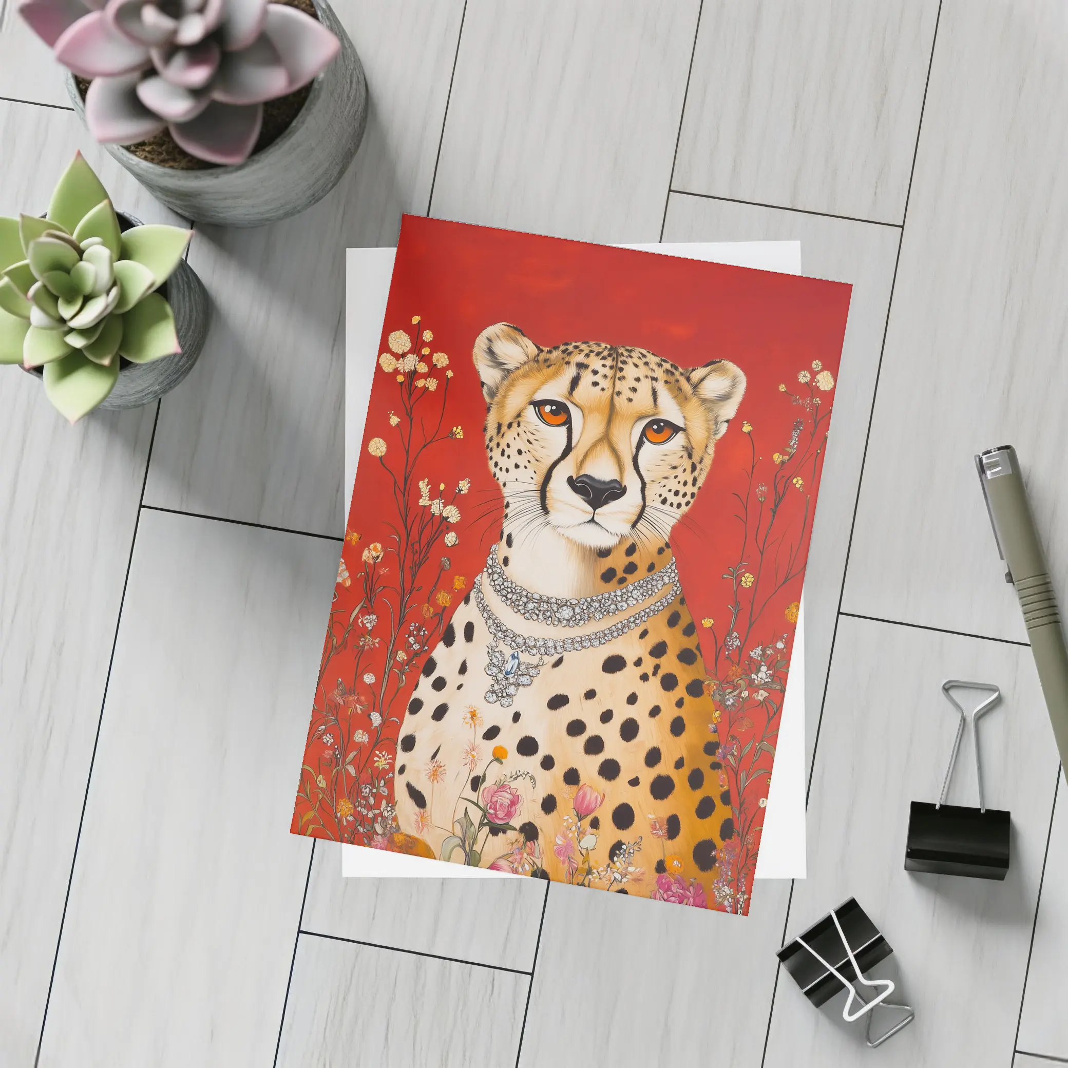 Cheetah With Diamond Necklace Red Floral Background – Postcards
