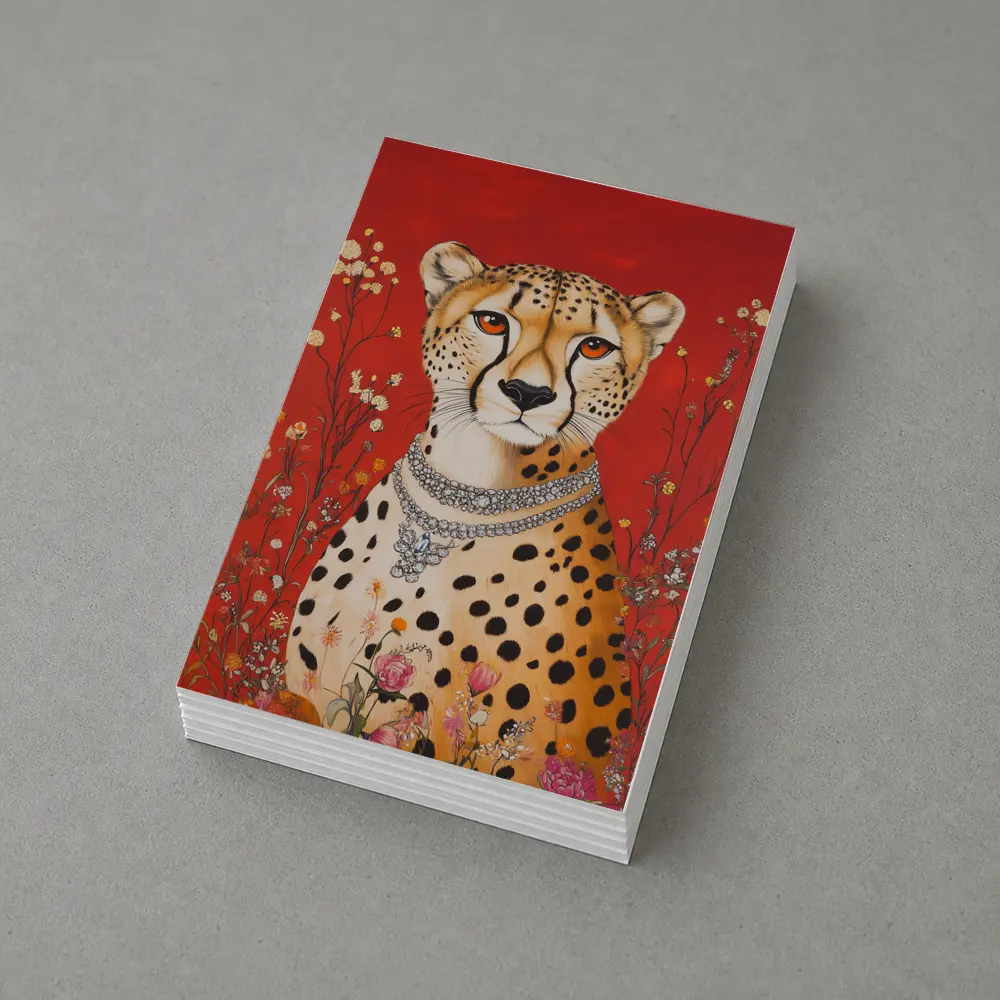 Cheetah With Diamond Necklace Red Floral Background – Postcards