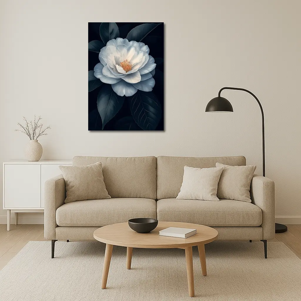 White Camellia Flower Dark Background Botanical Art – Wall Art